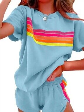 Large Rainbow Striped Round Neck Top and Shorts 2 Piece Set- NWT